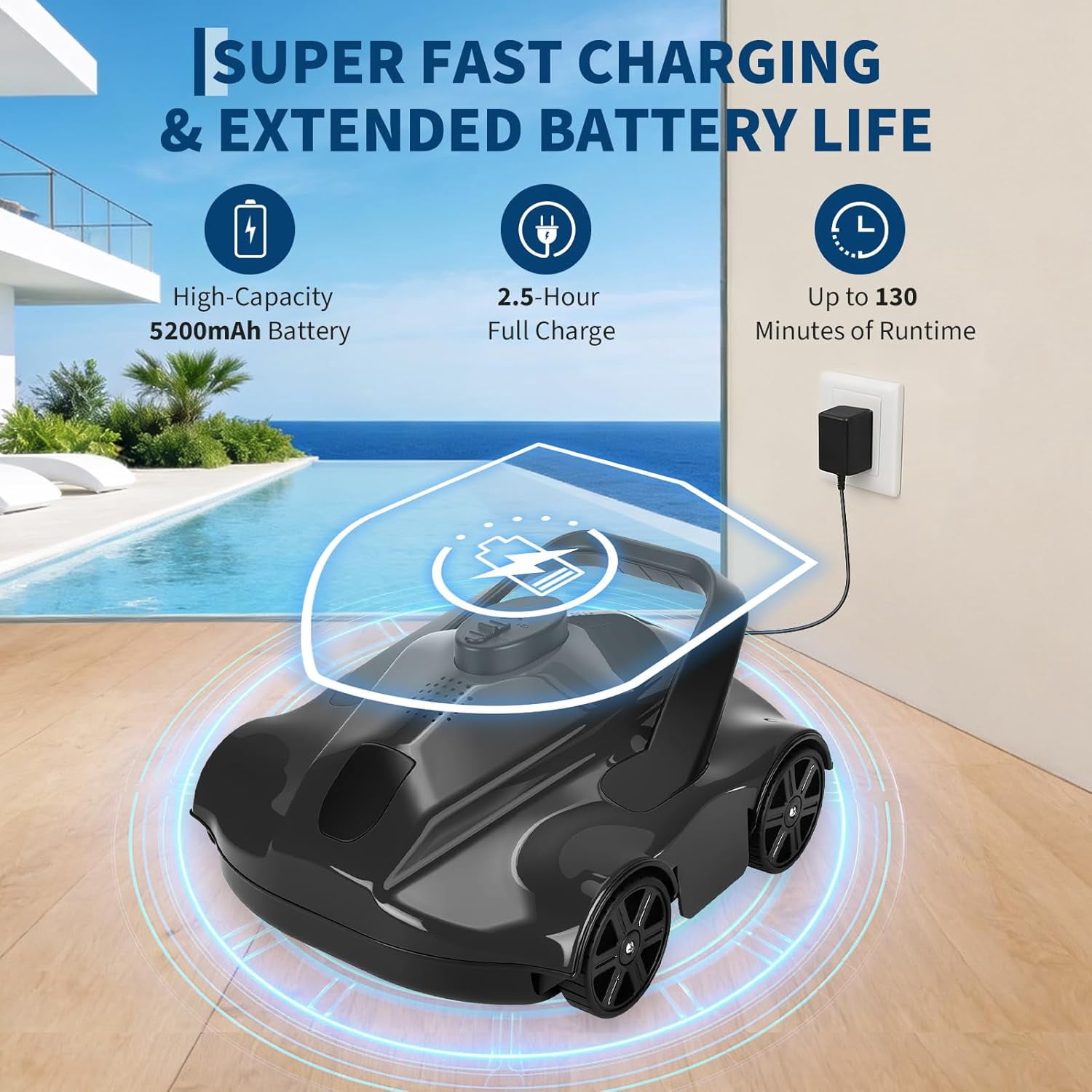 Senfot Automatic Pool Cleaning Robot, Cordless Robotic Pool Vacuum Cleaner for Inground Above Ground Pool Spa Black