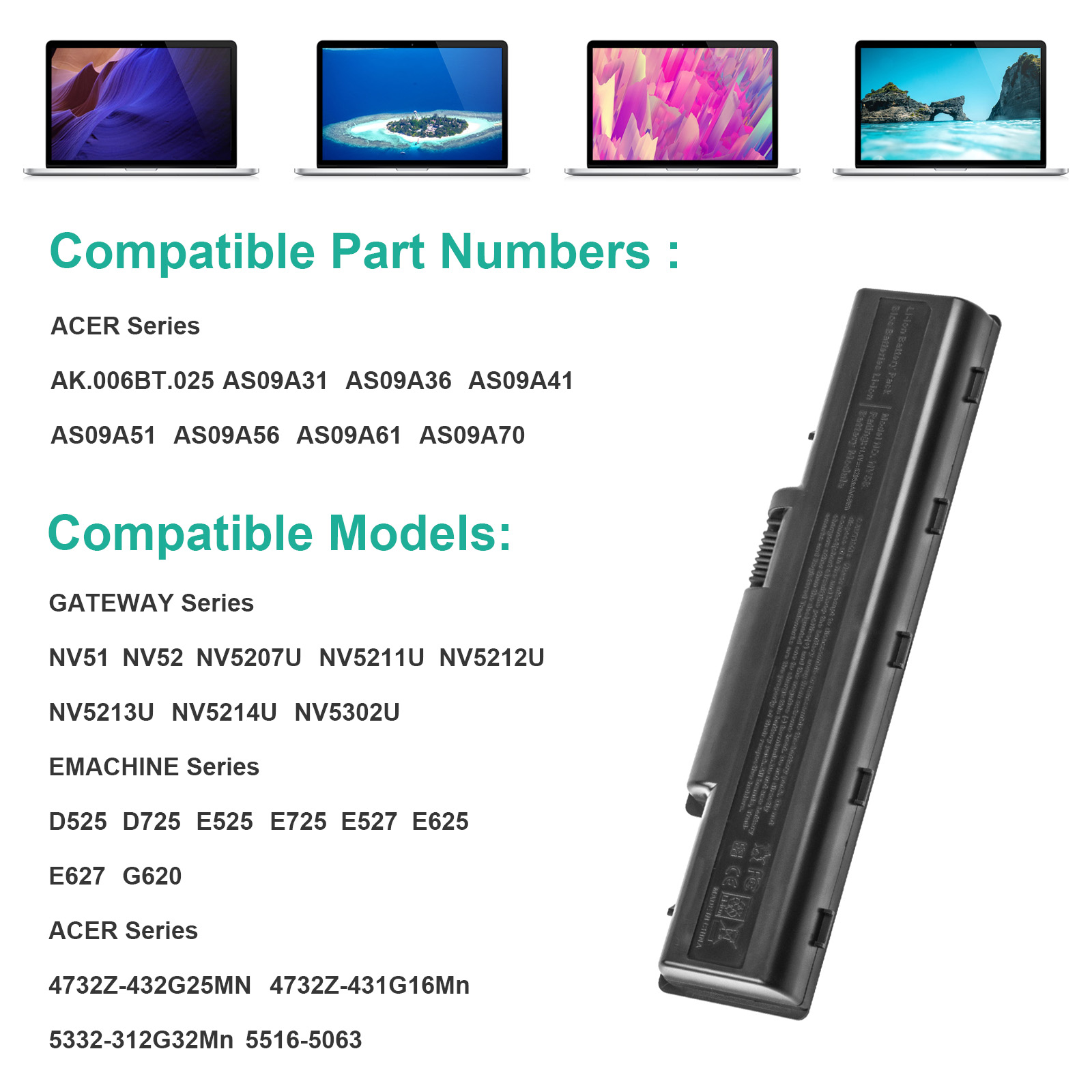 New 5200mAh Laptop Battery for Gateway NV52 NV53 NV54 AS09A31 AS09A61 AS09A51 AS09A41 AS09A71 AS09A75 Aspire 5532 5732Z eMachines E725 E525 E627 - image 5 of 10