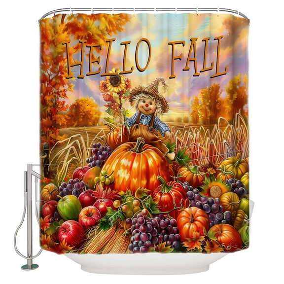 Fabric Shower Curtain Fall Thanksgiving Scarecrow Harvest Farm Fruits Shower Curtains with 12 Hooks Waterproof Machine Washable Bath Curtains for Bathroom, 48x 72in