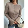 thumbnail image 4 of Women Trendy Crew Neck Ribbed Knit Crop Bell Long Sleeve Open Front Button Down Sweater Shirt Fall Outfit Khaki S, 4 of 6