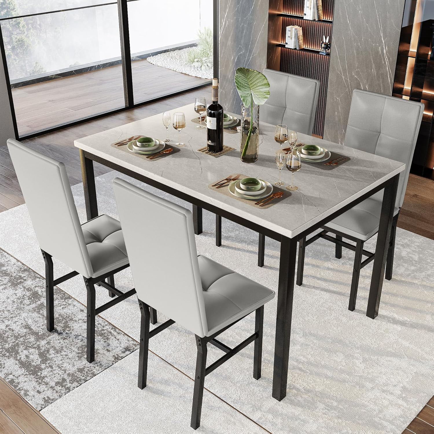 LinkRomat Dining Table Set for 4, Modern Faux Marble Tabletop and 4 PU Leather Upholstered Chairs, Kitchen Table and Chairs for Dining Room Breakfast Nook, Gray