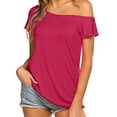 thumbnail image 2 of Bjutir Ladies Tops Casual Off Shoulder Solid Color Irregular Top Women Summer Short Sleeve T Shirt Watermelon Red L, 2 of 7