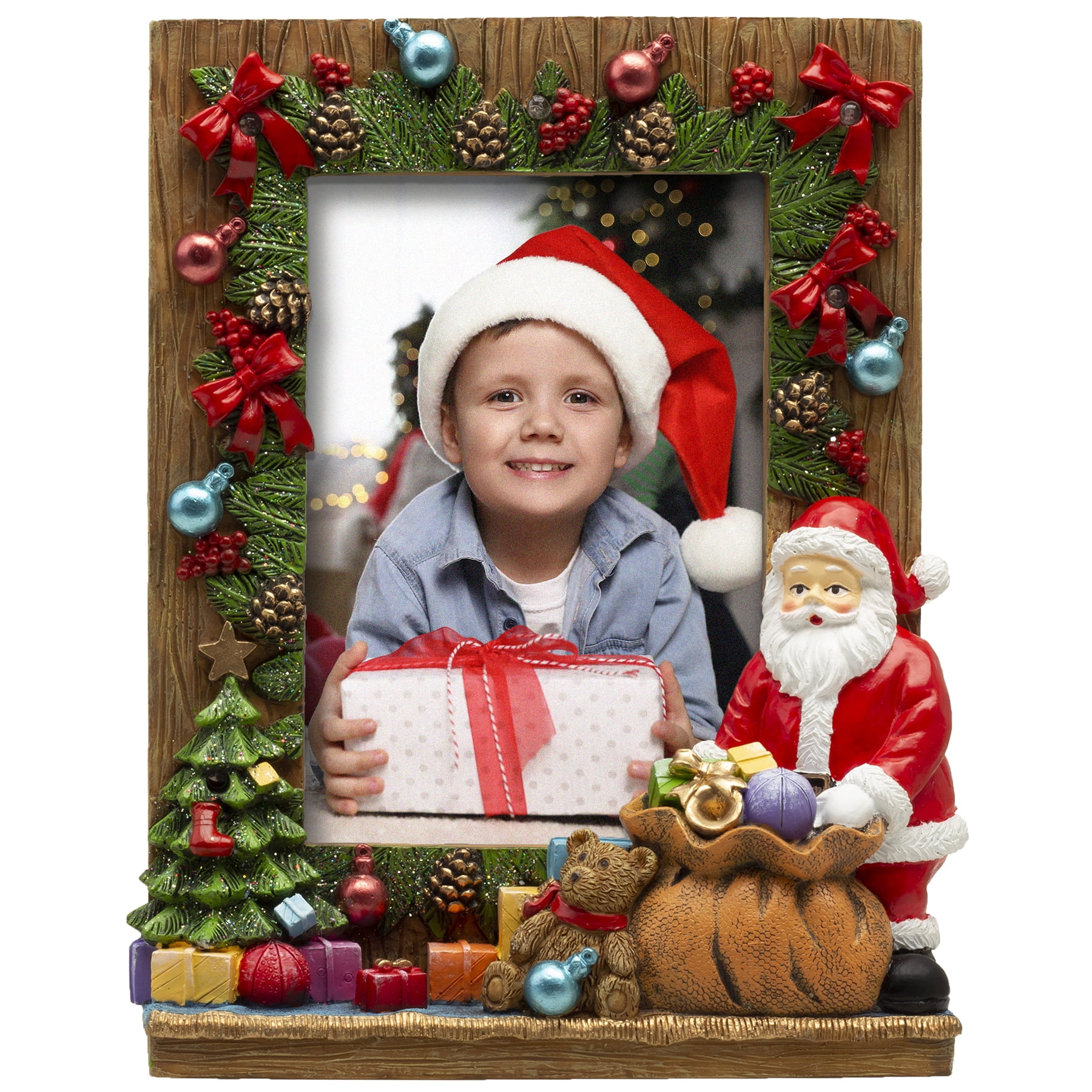 FINE PHOTO GIFTS 4" x 6" Light Up Christmas Resin Picture Frame with Santa