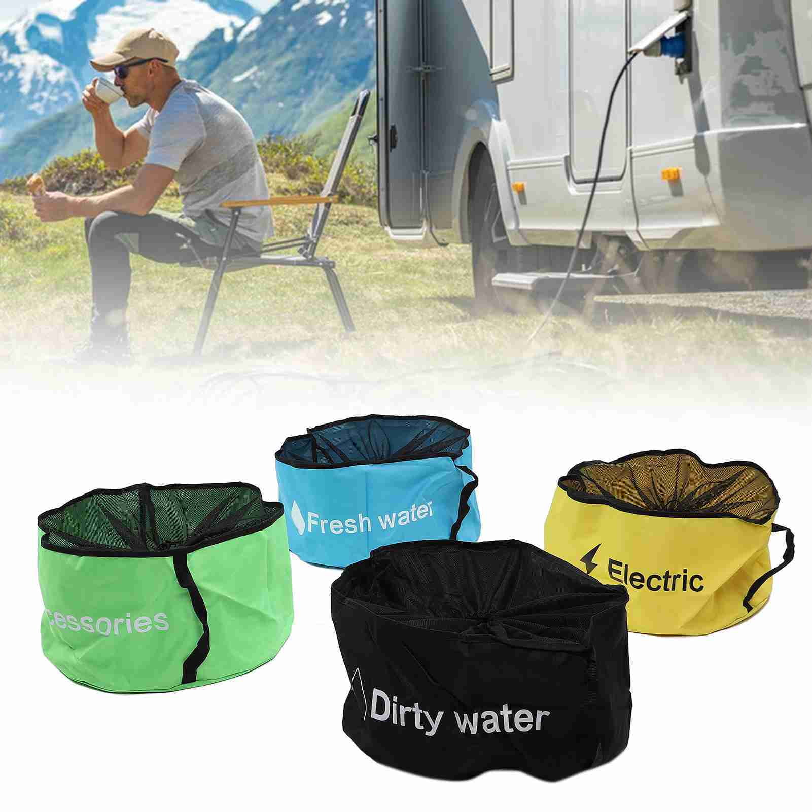 BIMZUC 4‑Pack RV Hose & Cord Organizer – 18×20″ Waterproof 600D Oxford Bags with Color‑Coded Labels