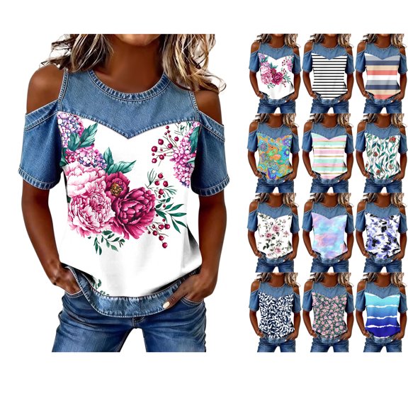Tops for Women Denim Accents Floral Print Round Neck Short Sleeve Off-Shoulder Blouse