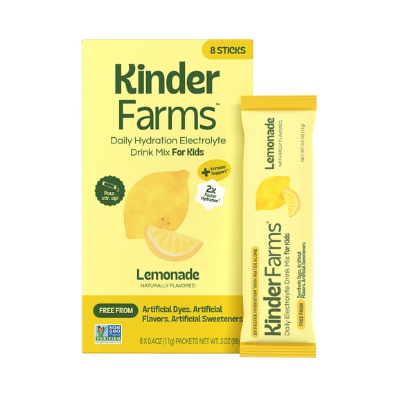 KinderFarms Daily Hydration Electrolyte Drink Mix for Kids, Lemonade, 8 count