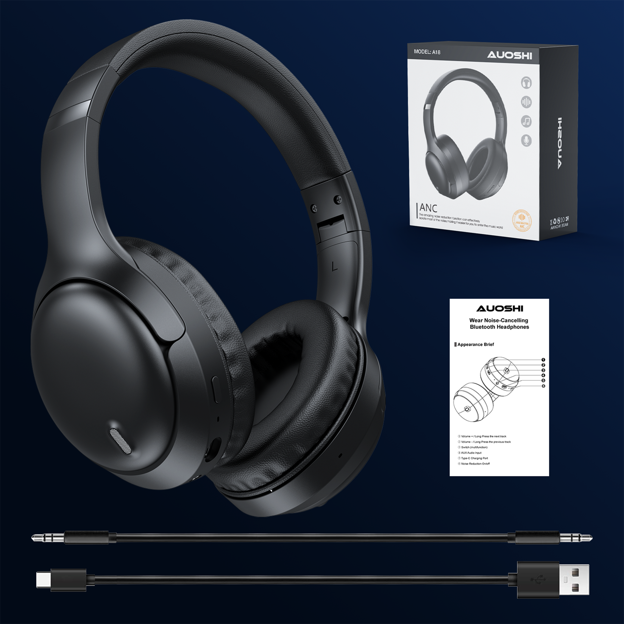 AUOSHI A18 Active Noise Cancelling Wireless Headphones, Black photo 5