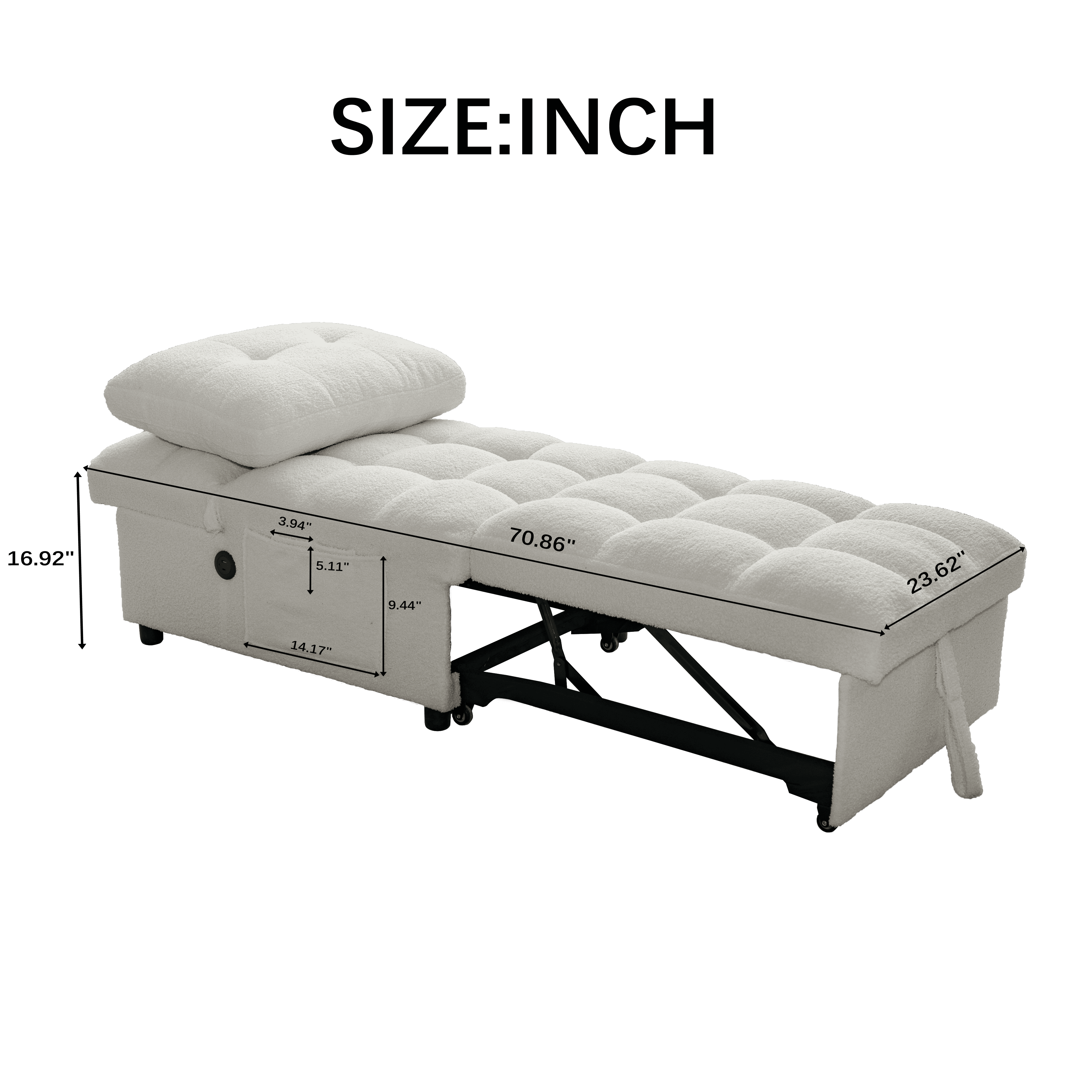 3-in-1 Convertible Sleeper Chair with USB Charging Port,Teddy Pull-Out Futon Sofa Bed Recliner Chair for Living Room, Small Spaces,White