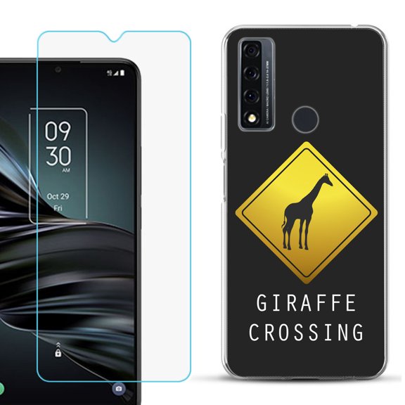 Slim-Fit Fashion Phone Case for TCL 20 XE, with Tempered Glass Screen Protector, by OneToughShield ® - Road Sign Giraffe