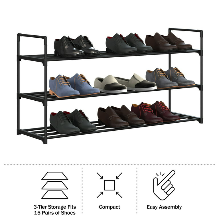 Gonfoam 3-Tier Expandable Shoe Rack,Adjustable Shoe Shelf Storage Organizer  Heavy Duty Metal Free Standing Shoe Rack for Entryway Closet Doorway  (Black)
