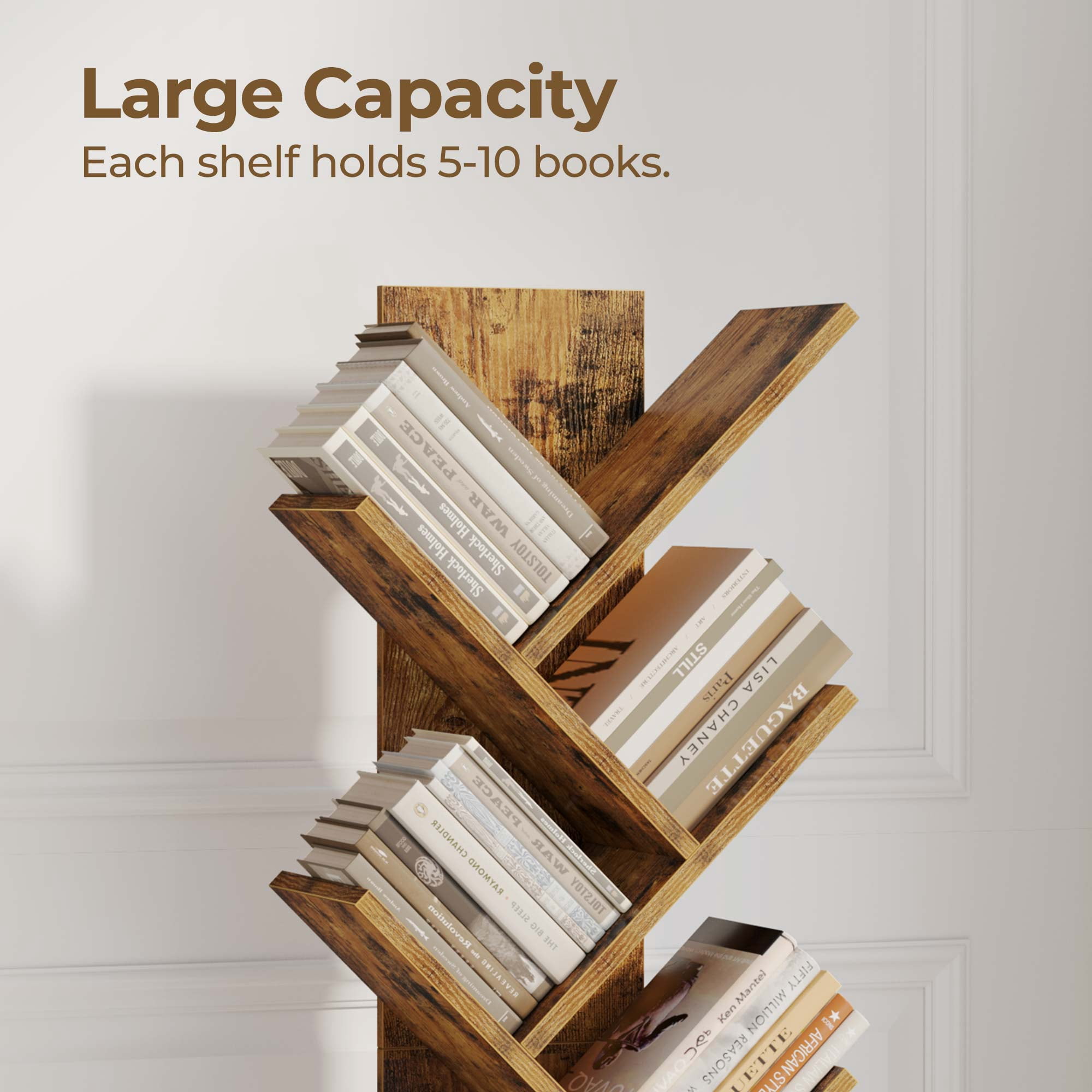 Greenstell 7-Tier Wooden Bookcase with Drawer, Free Standing Tree Bookshelf, Rustic Brown