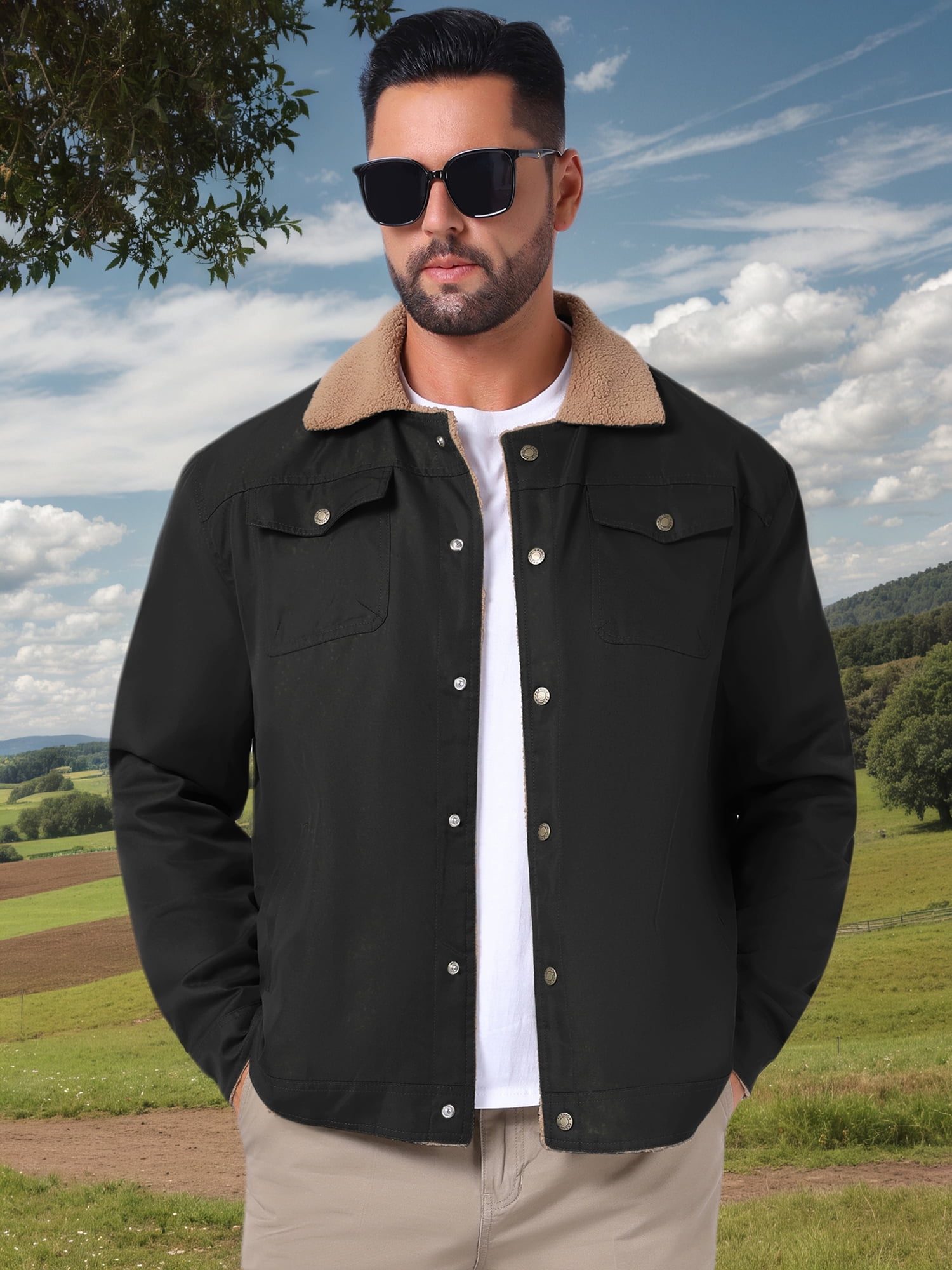DARING DIVA Collared Button Front Fleece Lining Cargo Trucker Jacket S Black