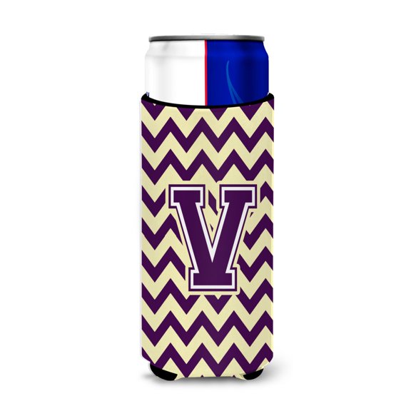 Carolines Treasures CJ1058-VMUK Letter V Chevron Purple and Gold Ultra Beverage Insulators for slim cans Slim Can