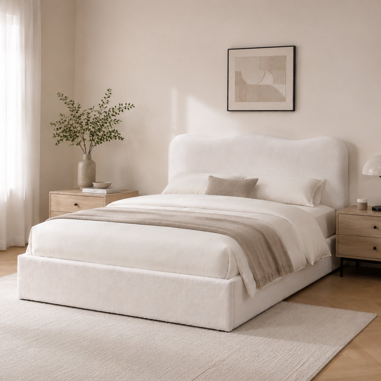 Queen Size Bed Frame with Lift Up Storage, Boucle Upholstered Platform Bed with Curved Headboard, No Box Spring Needed, Hydraulic Storage, White