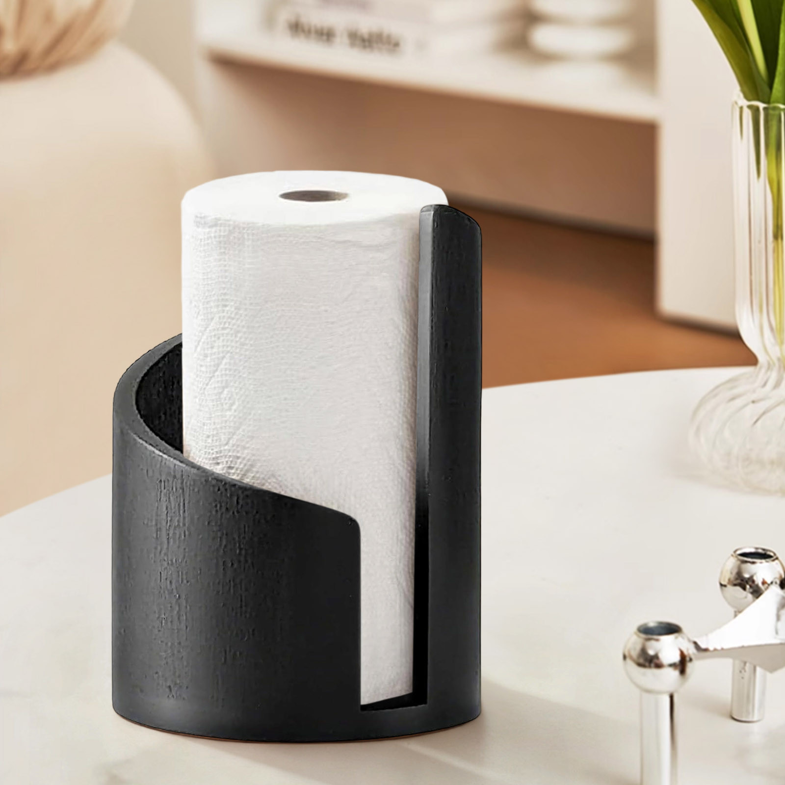 Wood Paper Towel Holder - 8.3x11.5in Free-Standing Vintage Countertop Roll Holder, with Wood Base - Great for Kitchen, Bathroom Use - Black