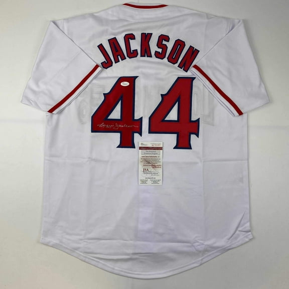 Autographed/Signed Reggie Jackson California Los Angeles White Baseball Jersey JSA COA