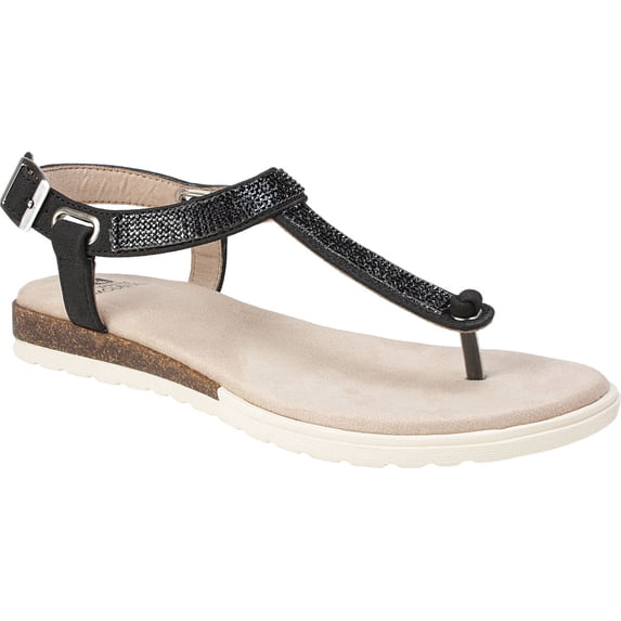WHITE MOUNTAIN Womens Black Adjustable Ankle Strap Cushioned Embellished T-Strap Parana Open Toe Buckle Thong Sandals 8 M