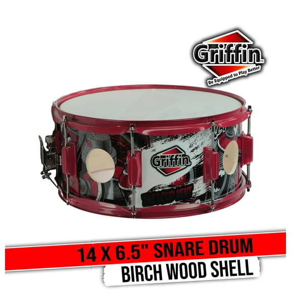Griffin Birch Wood Shell Snare Drum - 14" x 6 - 5" with Custom Graphic Wrap (Limited Edition) - Percussion Musical Instrument with Drummers Key for Students & Pros 8 Tuning Lugs & Snare Strainer