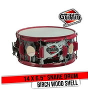 Griffin Birch Wood Shell Snare Drum - 14" x 6 - 5" with Custom Graphic Wrap (Limited Edition) - Percussion Musical Instrument with Drummers Key for Students & Pros 8 Tuning Lugs & Snare Strainer