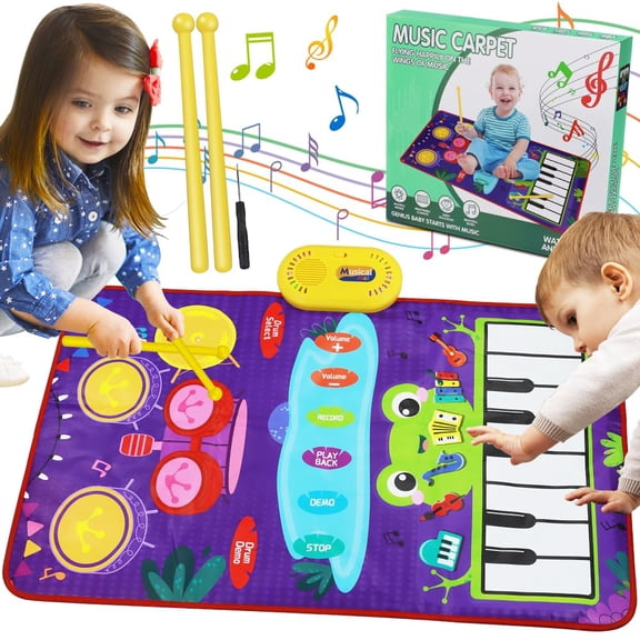 2-in-1 Musical Mat Toys for 1 2 3 4 5 Year Old,Piano Keyboard & Drum Set with 2 Drum Sticks,Early Educational Musical Learning Toys Birthday for 1 2 3 4 5 Year Old Boys & Girls,Blue Radio Antennas