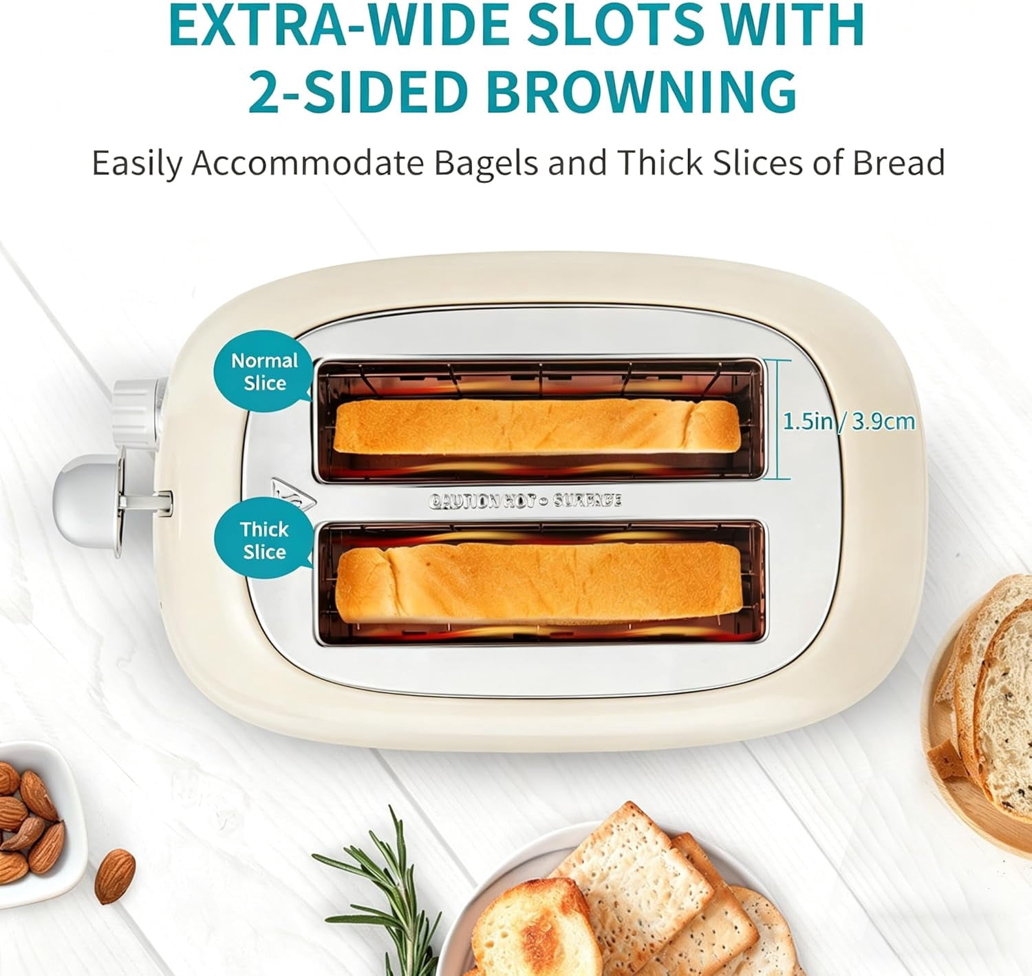 Ultrean 2 Slice Toaster with Extra Wide Slot, Retro Stainless Steel Toaster, Small Cute Toaster with Removable Crumb Tray, 6 Browning Settings, Cancel, Bagel, Deforest Functions, 825 W, White Cream