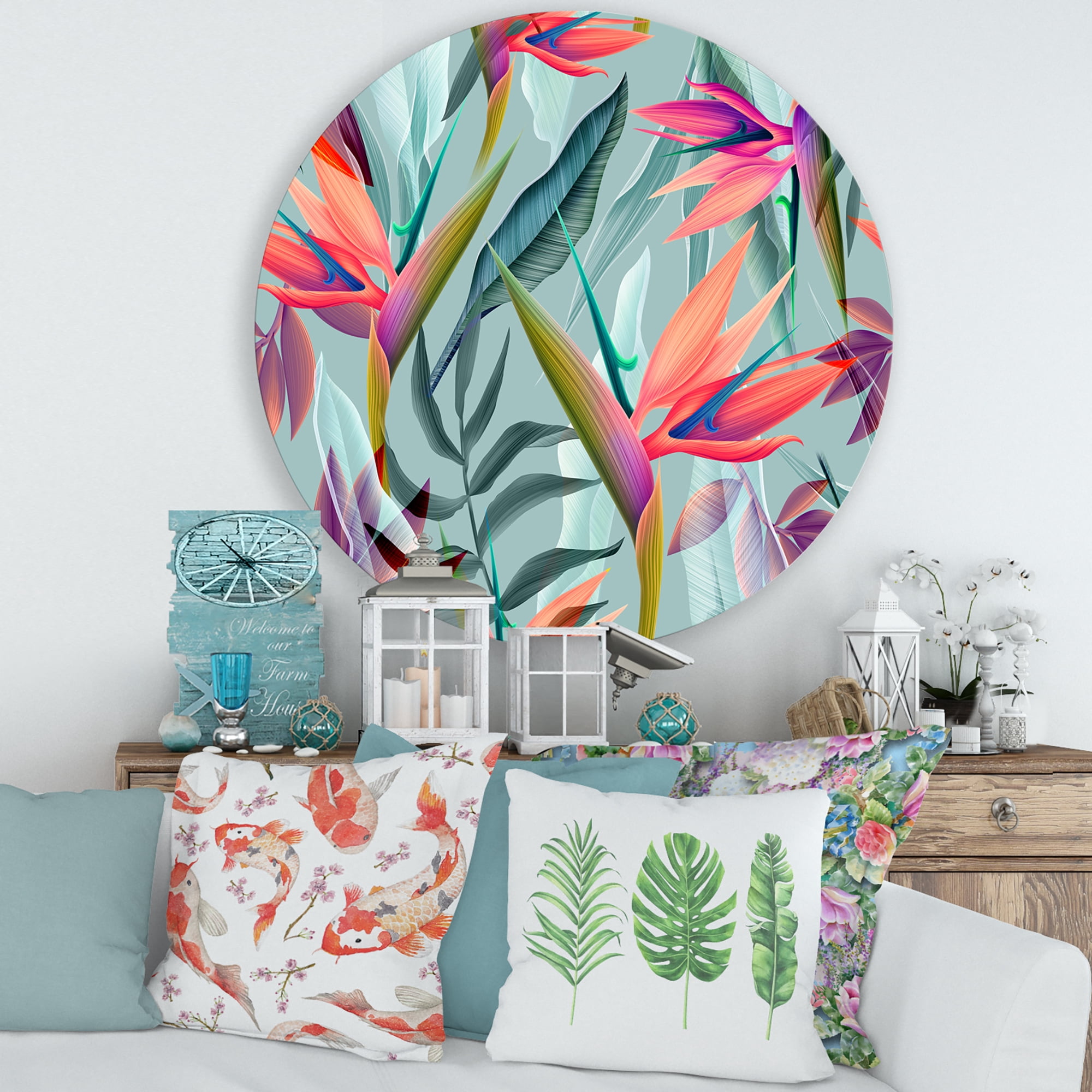 Designart 'VIntage Tropical Flowers V' Traditional Circle Metal Wall Art 29x29 - Disc of 29