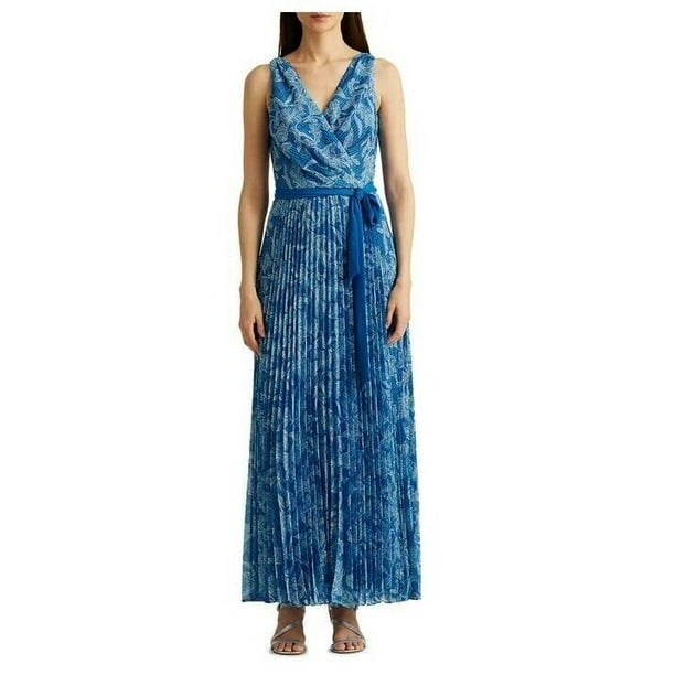 Lauren Ralph Lauren Womens Floral Pleated Georgette Gown Blue Size 12 MSRP  $240 