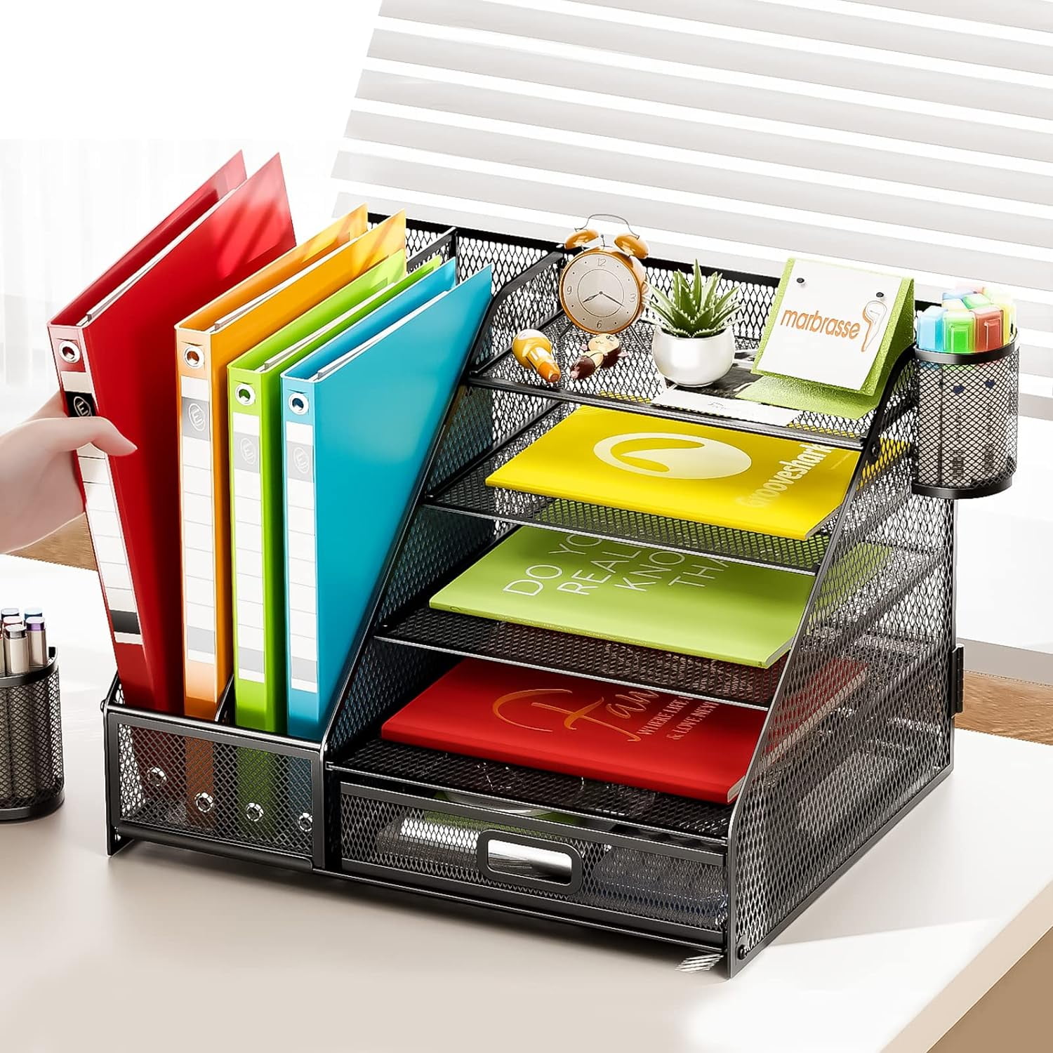 Marbrasse Desk Organizer with File Holder, 5-Tier Paper Letter Tray Organizer with Drawer and 2 Pen Holder, Mesh Desk Organizers and Accessories