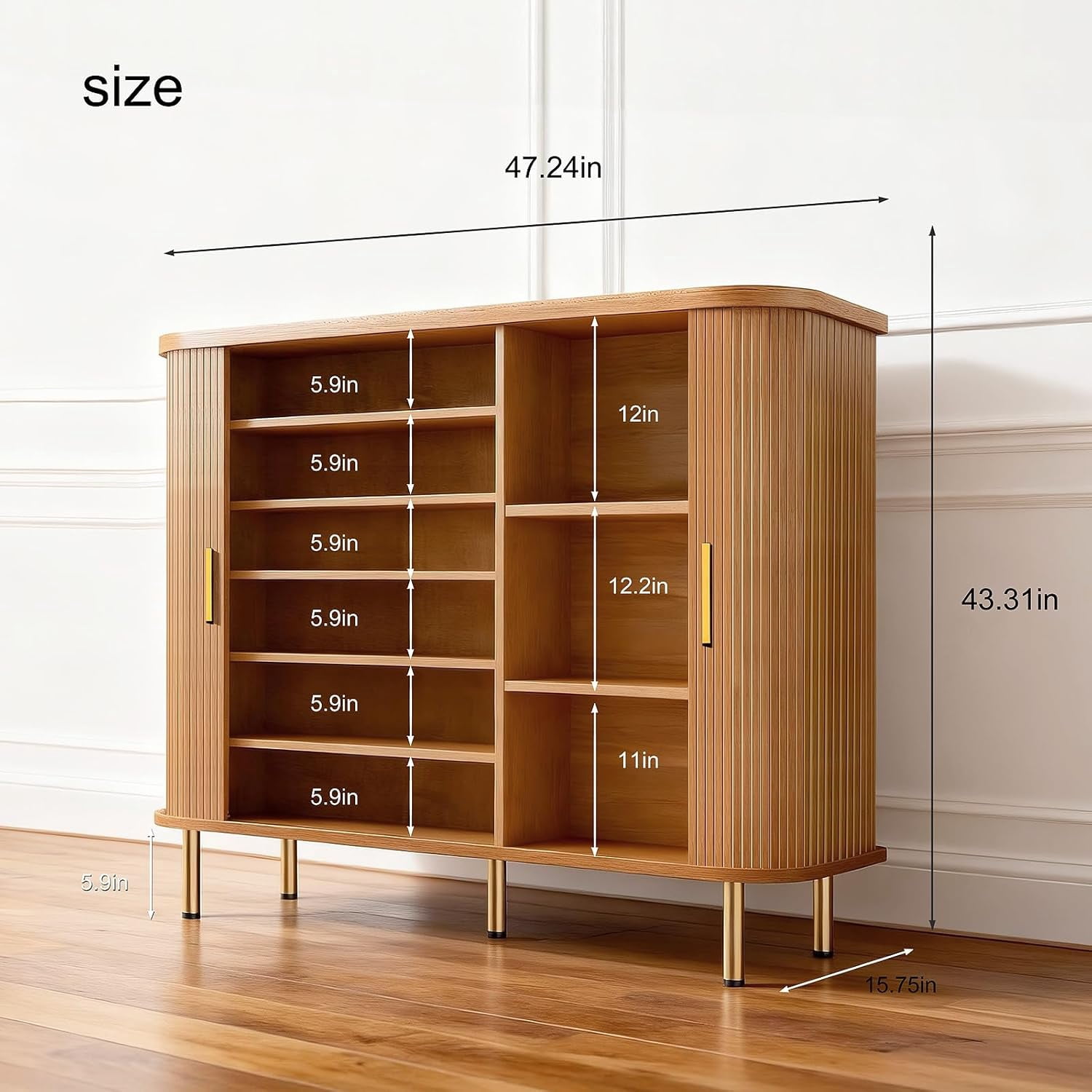 Shoe Storage Cabinet with Sliding Door, 6-Tier Shoe Cabinet with Adjustable Shelves, Mid-Century Modern Freestanding Shoe Storage Organizer for Entryway, Hallway, Living Room (Yellow)