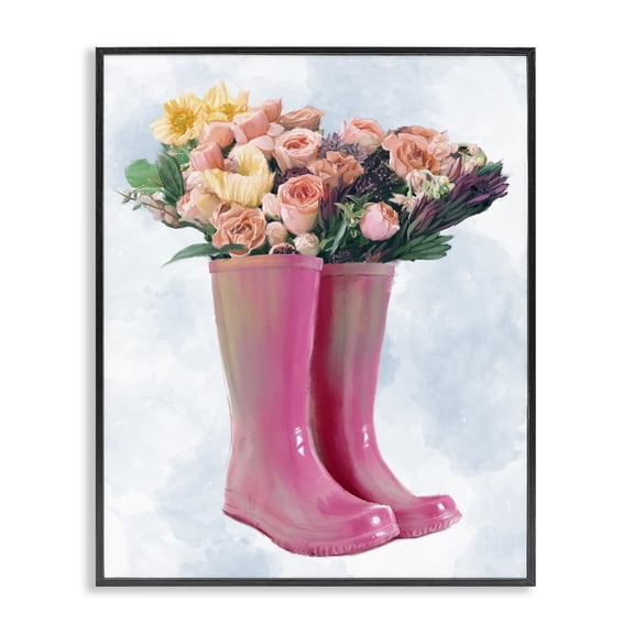Stupell Industries Farmhouse Spring Roses in Pink Rainboots Black Framed Giclee Art, 11 x 14, by Ziwei Li