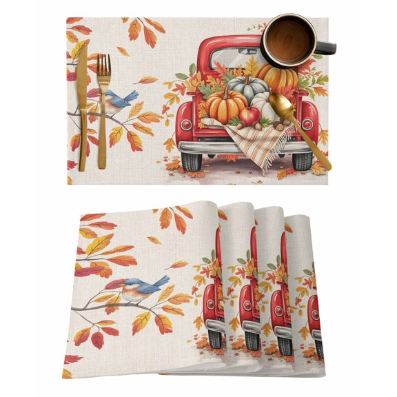 Thanksgiving Placemats Set of 12 Hello Fall Truck Pumpkin Maple Leave Heat Insulation Washable Place Mats, Rustic Non-Slip Table Mats for Dining Table Party Kitchen Decor,13x19 Inch