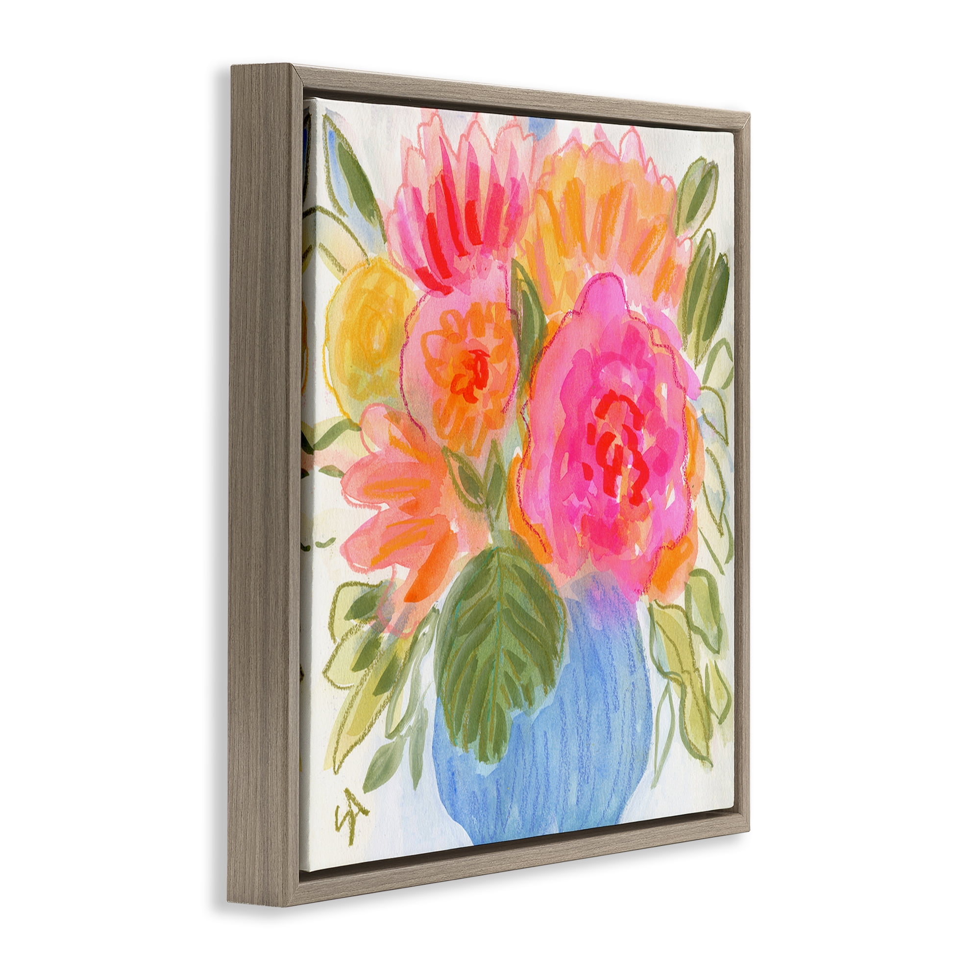 Stupell Industries Full Blossoms Bouquet Plants & Flowers Painting Brown Floater Framed Canvas Art Print Wall Art, 18 x 18