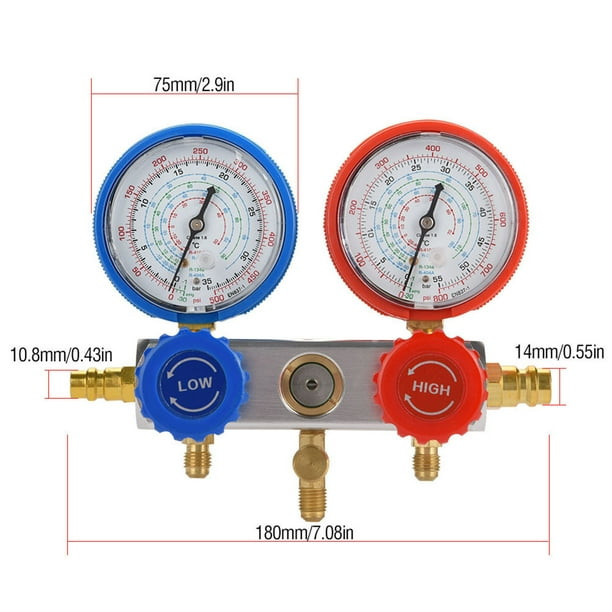 Herramientas de aire acondicionado refrigerante, 0 ~ 500 psi Válvula de refrigerante de aire acondicionado Abridor de botellas Medidor de colector de aire acondicionado construido para precisión