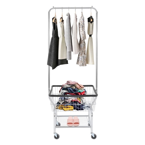 ToppiJoy Heavy Duty Wire Laundry Cart, Rolling Laundry Butler with Rubber Wheels, Carbon Steel Laundry Basket with Black Edge Protection, Silver