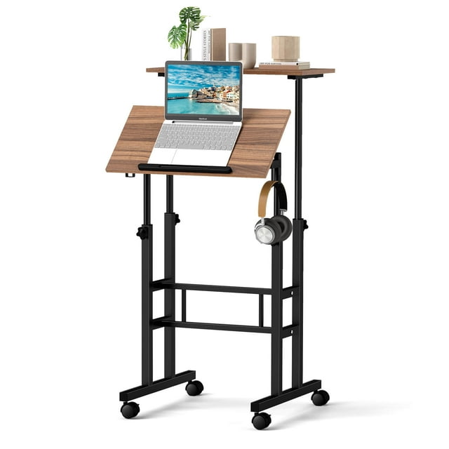 Costway Height Adjustable Mobile Standing Desk w/Tiltable Desktop & 2 Hanging Hooks