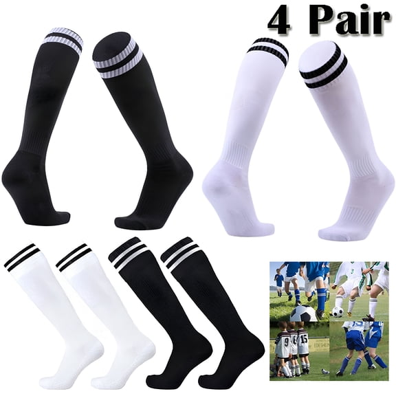 TELOLY Soccer Socks for Toddler Kids Youth, 4 Pairs Stretchy Compression Knee High Tube Socks Football Athletic Socks for Boys Girls Teen (Black White)