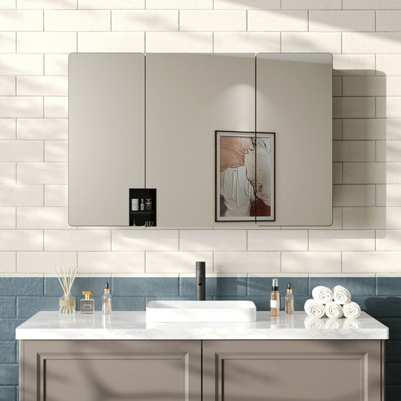 Deervalley 48'' W x 26'' H Three-Door Mirror Cabinet With Black Aluminum Frame, Inner Hooks And Mirror, Adjustable Glass Shelves, UV Toothbrush Holder, Wall-Mounted Bathroom Storage DV-1MC0337