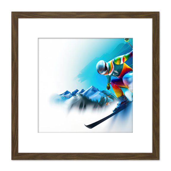 Skier Skiing Motion Snow Mountain Winter Sport Blue Painting Square Wooden Framed Wall Art Print Picture 8X8 Inch