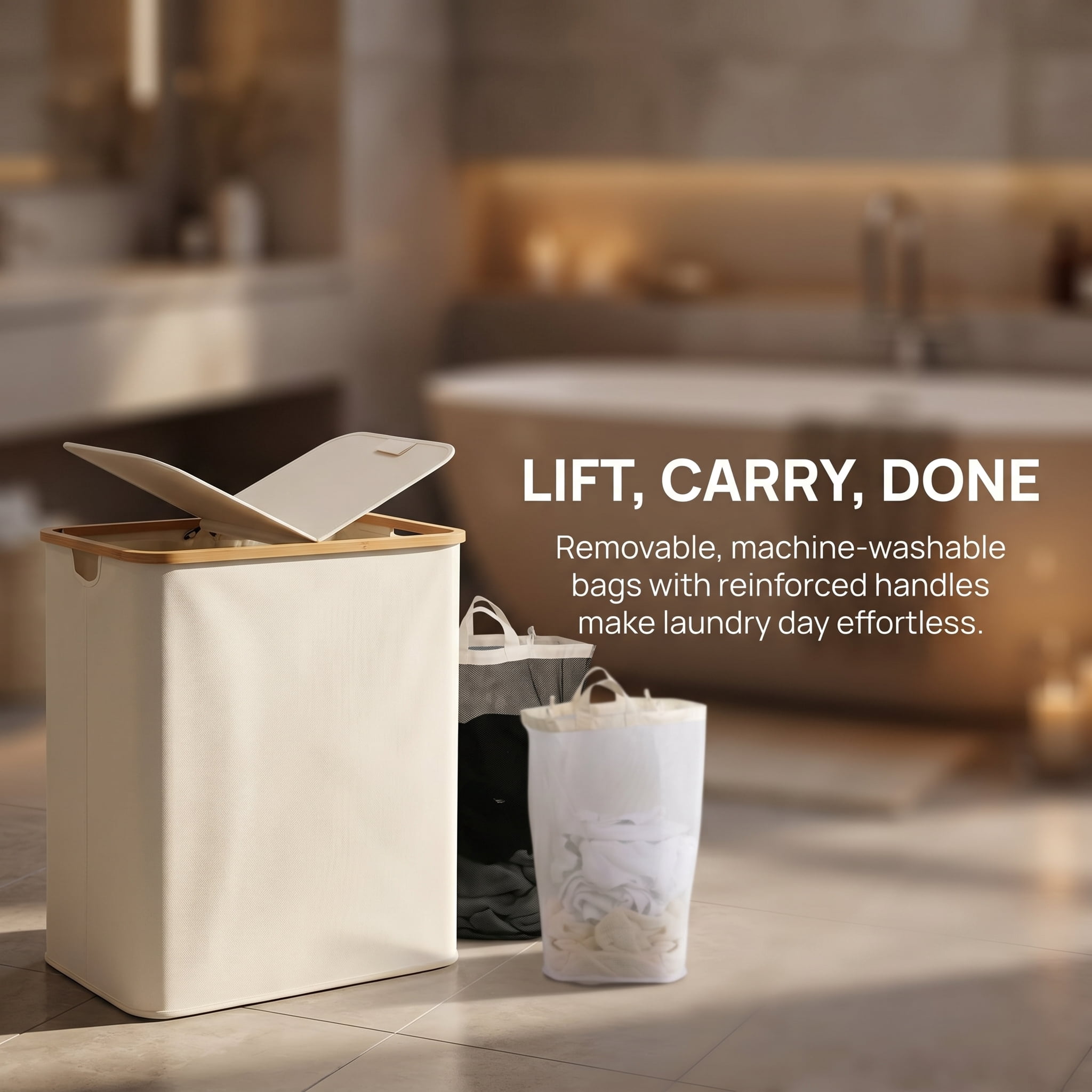 Laundry Hamper with Lid, Double Laundry Hamper with 2 Removable Bags, 2 Section Laundry Basket with Bamboo Handles for Bathroom, Bedroom & Laundry Room, 140L (36.9 Gallon) Beige