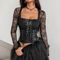 thumbnail image 5 of justHIGH Women's Sheer Mesh Long Sleeve Corset Top Lace Boned Going Out Y2k Club Outfits Square Neck Bustier Crop Tops Black,M, 5 of 5