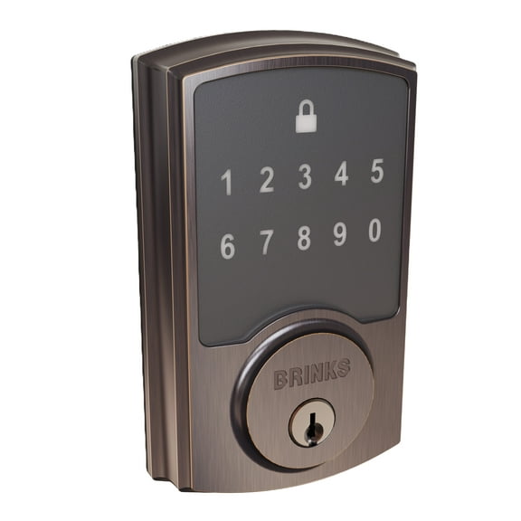 Open Box Brinks Electronic Touchpad Deadbolt with Pro-Guard, Transitional, Tuscan Bronze