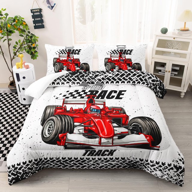 Juego de edredón AILONEN, coche de carreras rojo, tamaño completo, 3 piezas