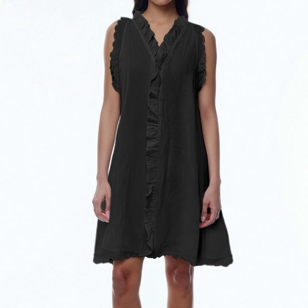 WILLBEST Vestidos Cortos Para Mujer Vestido Bordado Informal De Lino De Color Sólido Para Mujer Con Dobladillo Con Volantes