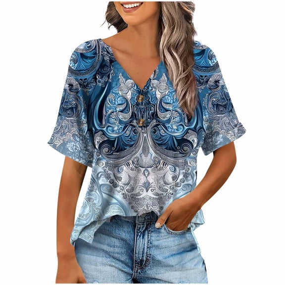 Zwiiyzr Women's T-Shirt Casual Button V-Neck Loose Elastic Printed Blouse B-Navy (XL)