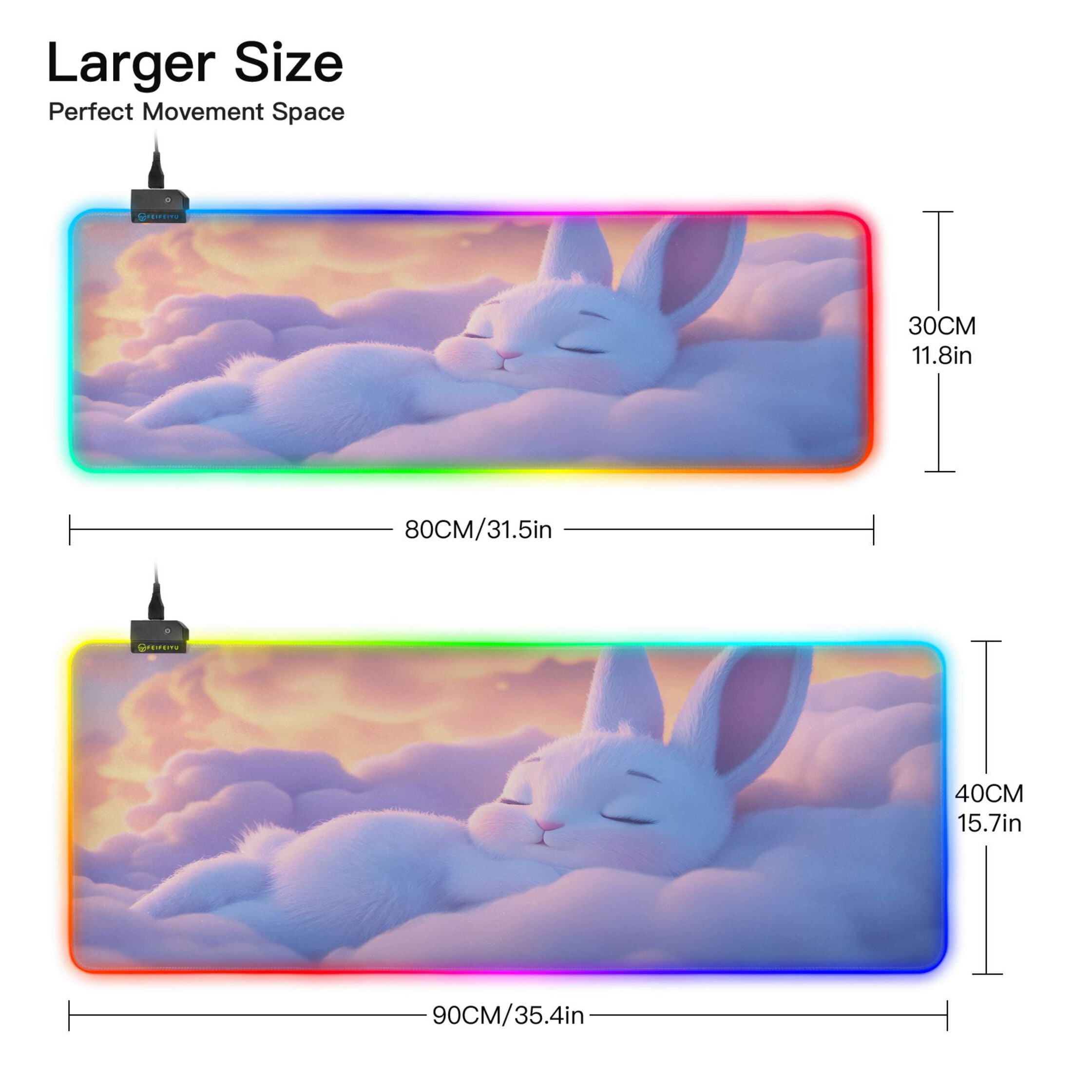Large RGB Gaming Mouse Pad Led Glowing Mousepad Non-Slip Rubber Base 13 Light Modes 35.4x15.7 Cute White Rabbit Sleep on Clouds