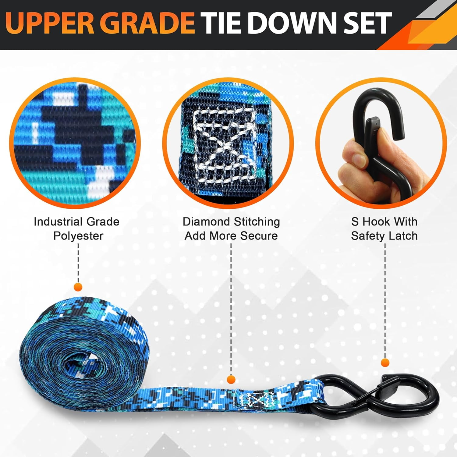A ANTELOPE 4-Pack 15' Ratchet Tie-Down Straps, 2100LBS Break Strength, Rubber Handles & Coated Safety Lock S-Hooks, Includes 2 Bungee Cords for Truck, Motorcycle Cargo Securing, Camo