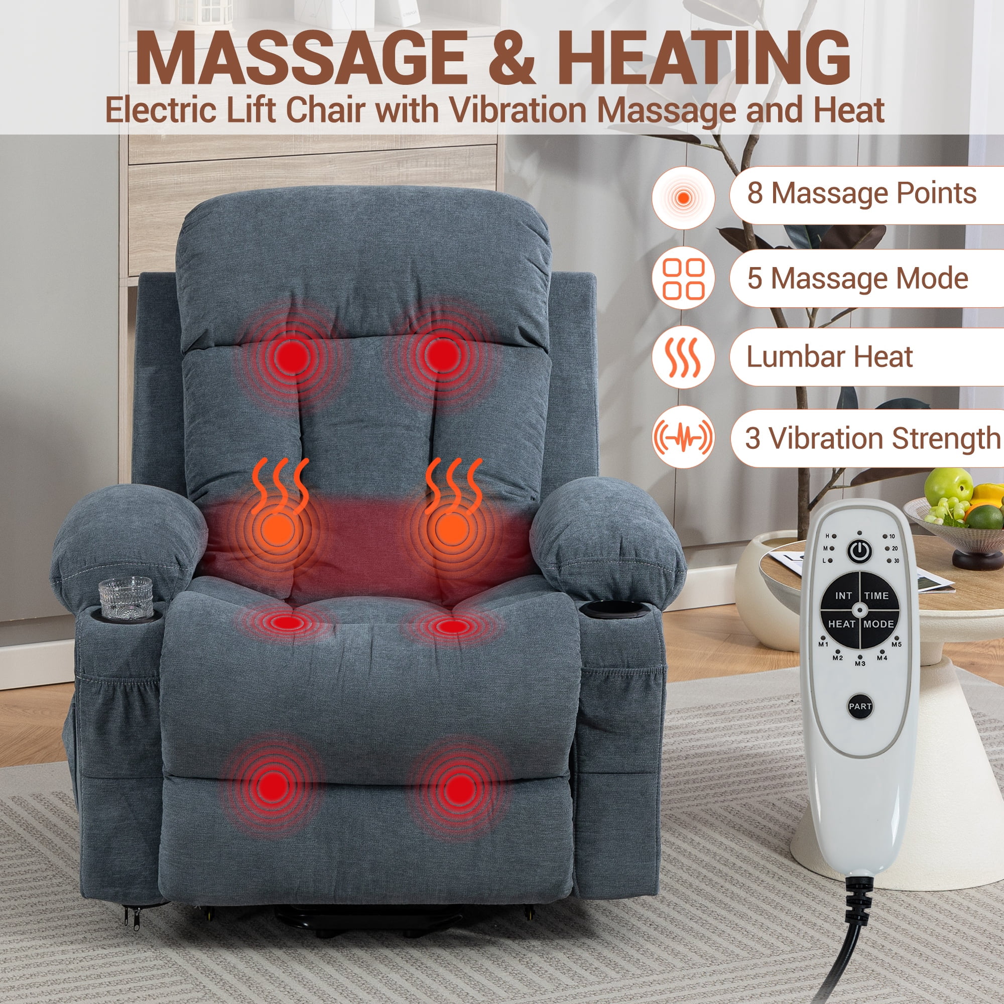 WENTUM Power Lift Recliner Chair for Elderly, Heat and Massage, Chair Side Pocket, USB Charge Port, Remote Control for Living Room, Blue