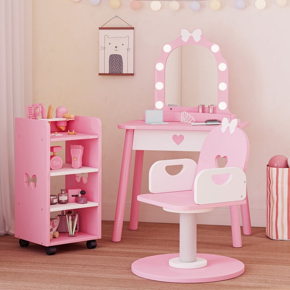 Reasea Kids Hair Salon Wooden Playset, Kids Vanity Set with Mirror, Swivel Chair, Rolling Cart,7-Piece Hair Salon Play Accessories for Girls