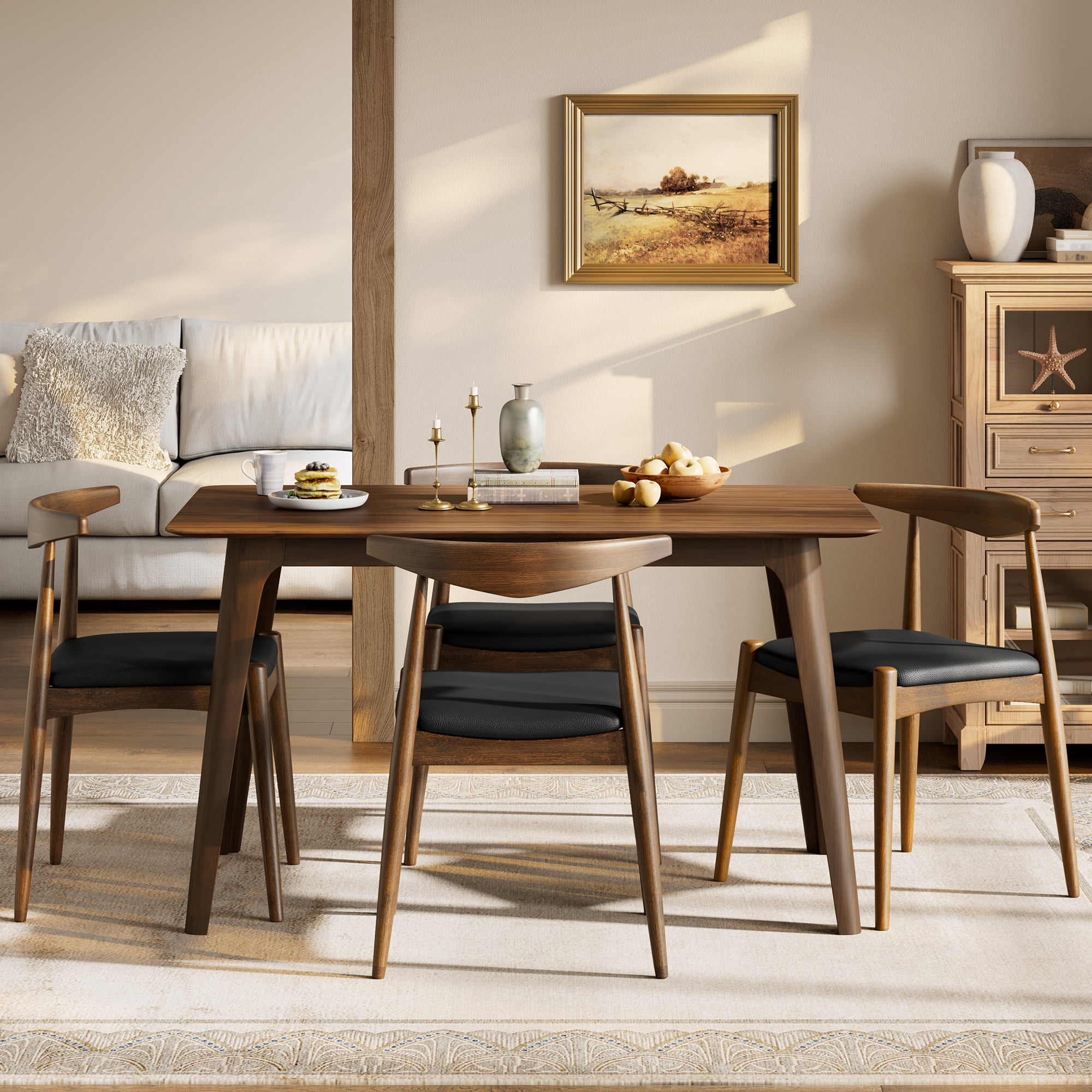 Euroco 5-Piece Dining Table Set for 4, Rubberwood Kitchen Table & 4 Chairs Set with Ergonomic Backrest, Retro Dining Furniture Set for Family,Walnut