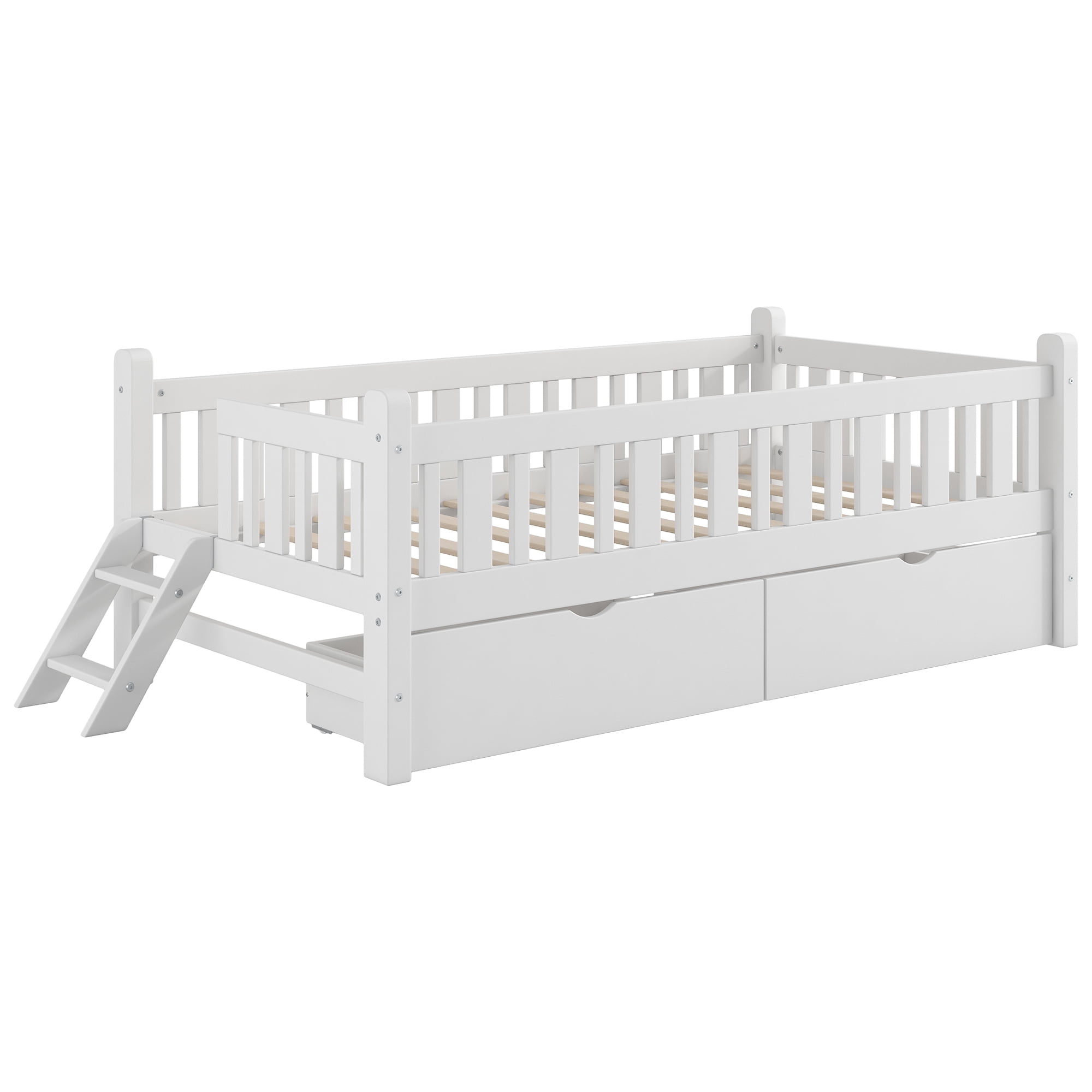 Euroco Wood Twin Size Platform Bed with 2 Drawers and Ladder for Kids and Toddlers, White